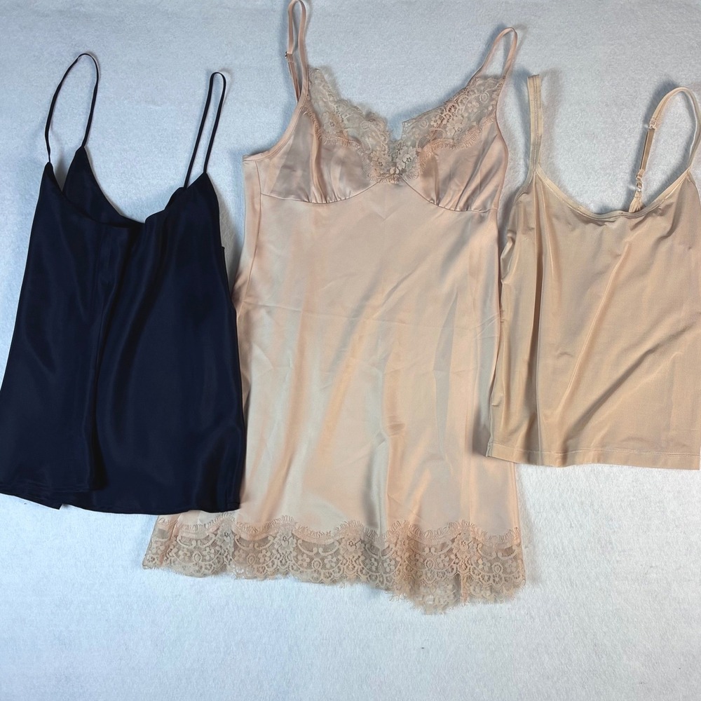 Oscar de la Renta Wacoal Camisoles & Slip Set Silk Lace Trim Navy Nude Large 3pc